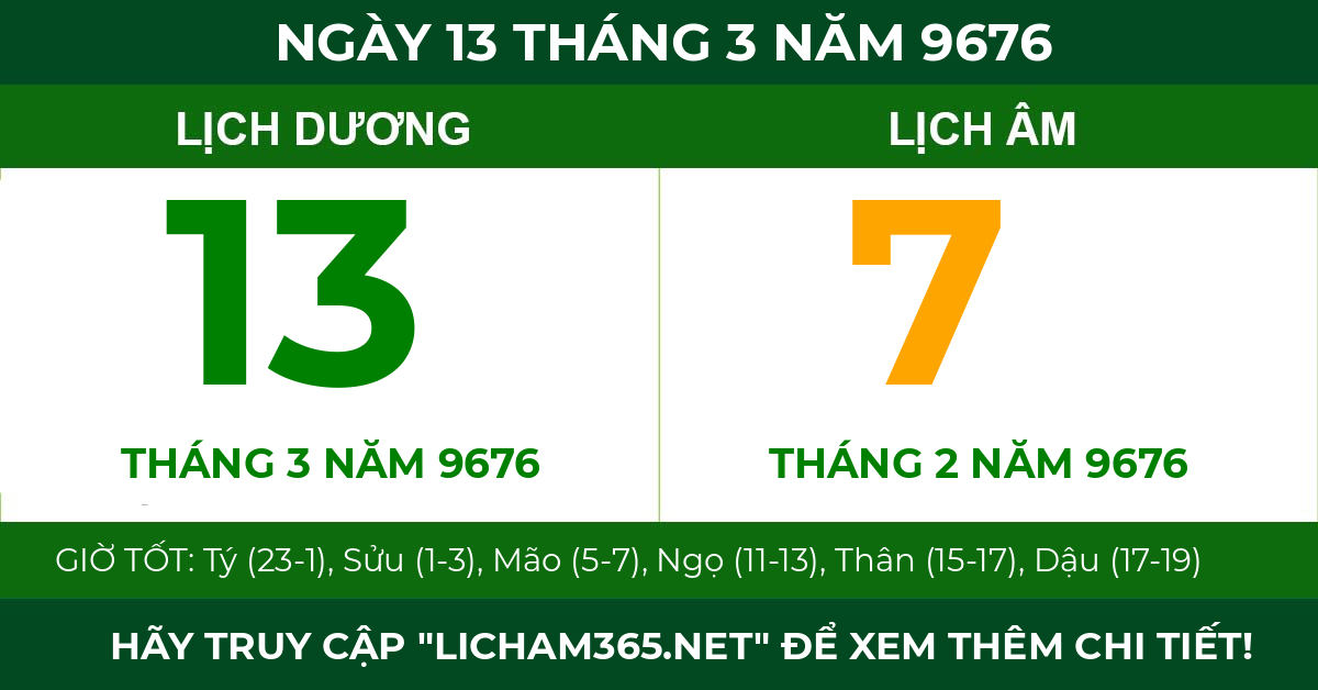 lịch âm ngày 13 tháng 3 năm 9676