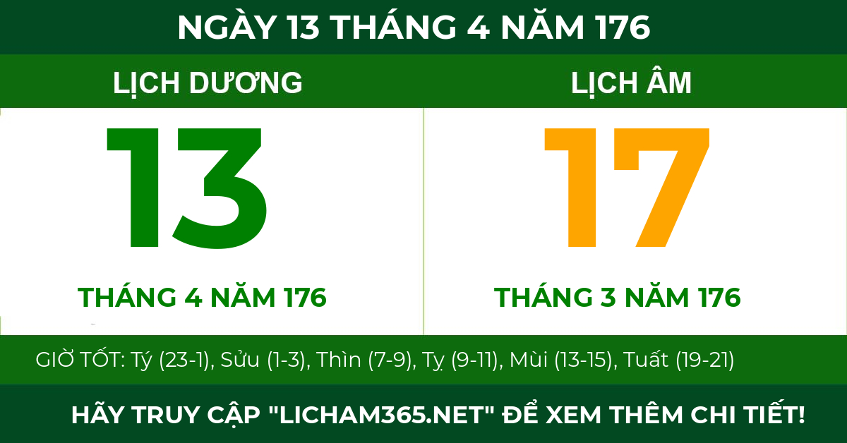 lịch âm ngày 13 tháng 4 năm 176