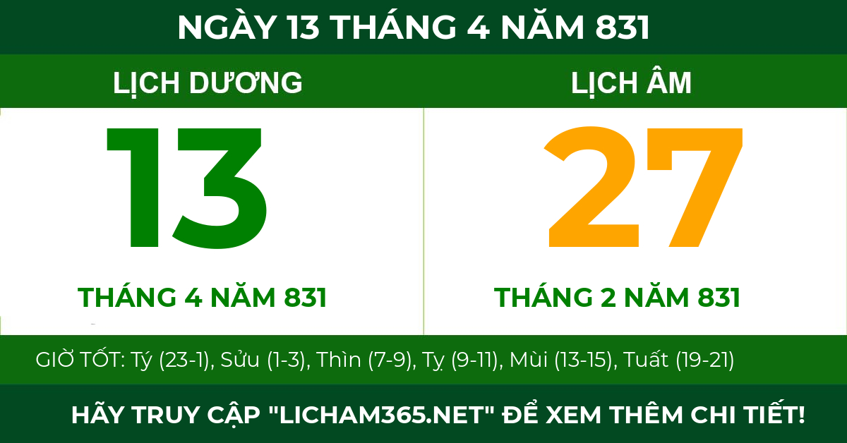 lịch âm ngày 13 tháng 4 năm 831