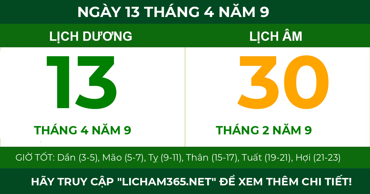 lịch âm ngày 13 tháng 4 năm 9