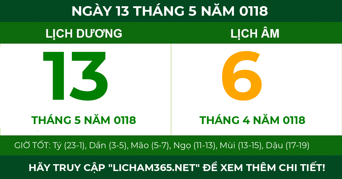 lịch âm ngày 13 tháng 5 năm 0118