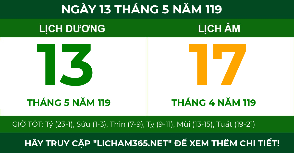 lịch âm ngày 13 tháng 5 năm 119