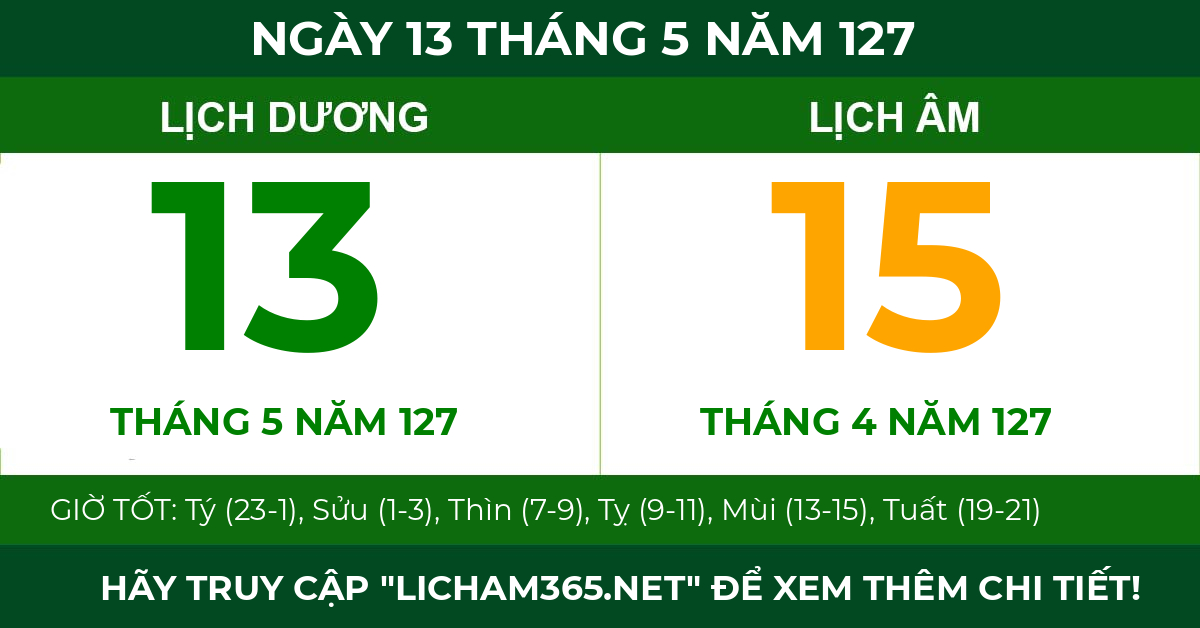 lịch âm ngày 13 tháng 5 năm 127