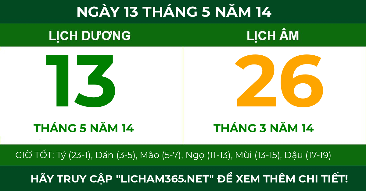 lịch âm ngày 13 tháng 5 năm 14