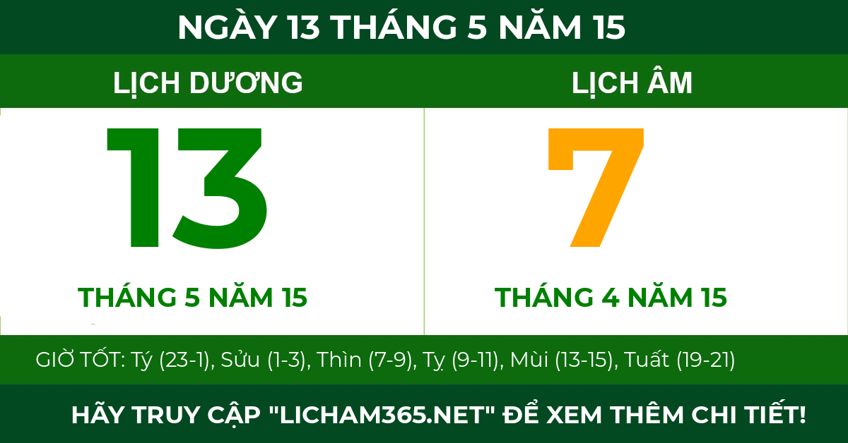 lịch âm ngày 13 tháng 5 năm 15