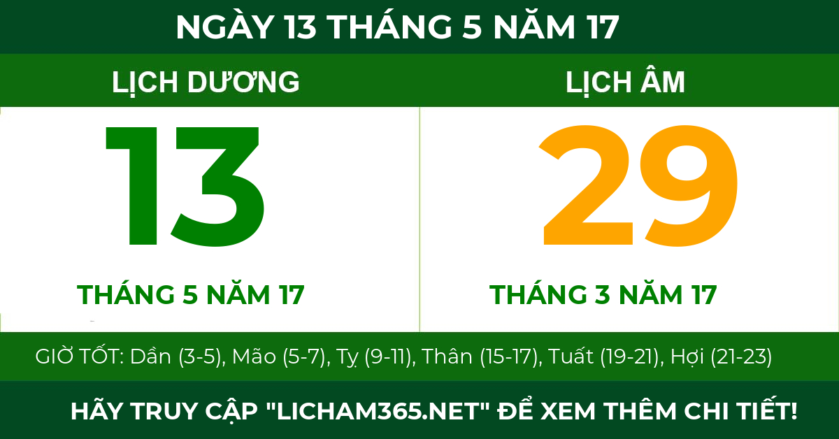 lịch âm ngày 13 tháng 5 năm 17
