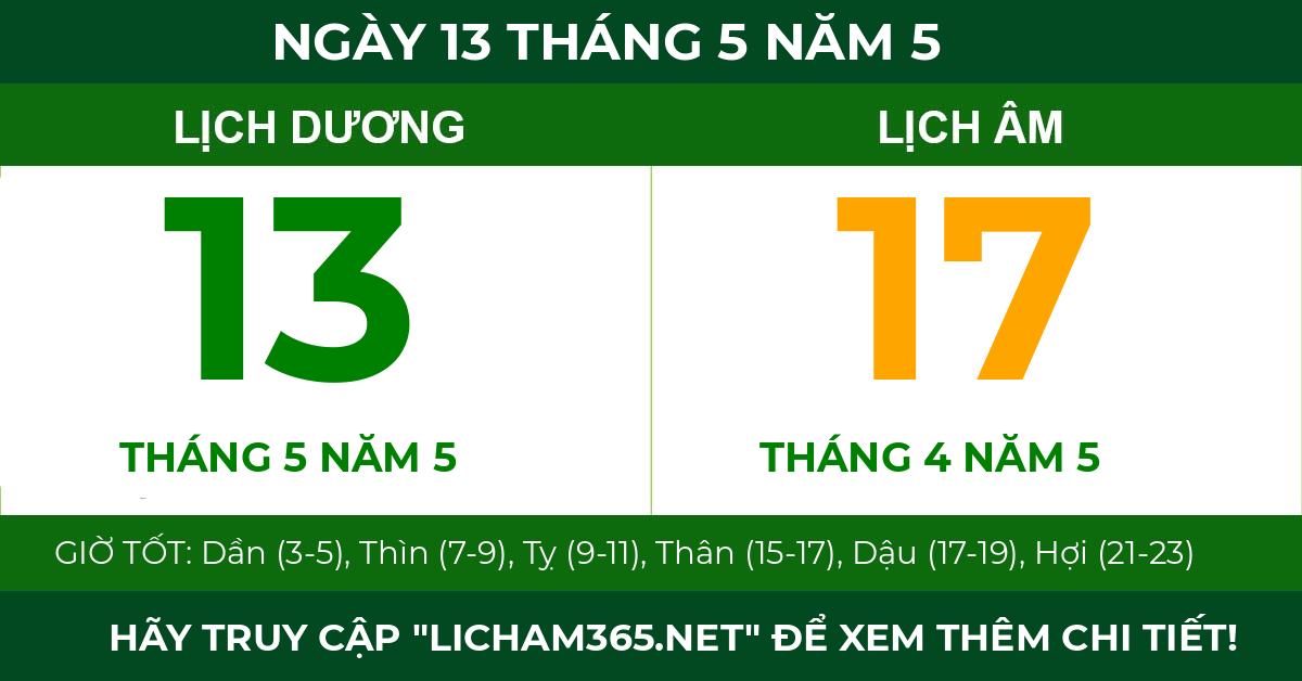 lịch âm ngày 13 tháng 5 năm 5