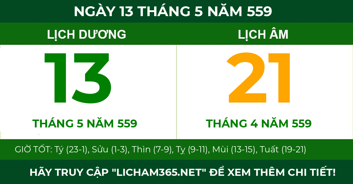 lịch âm ngày 13 tháng 5 năm 559