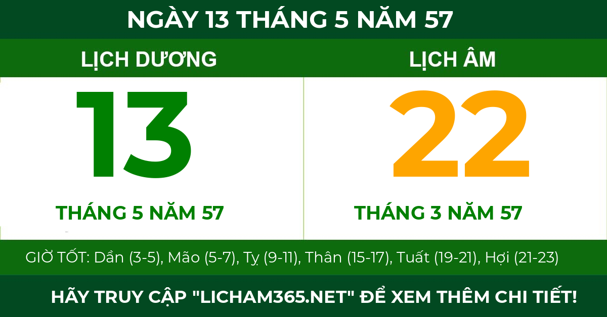 lịch âm ngày 13 tháng 5 năm 57