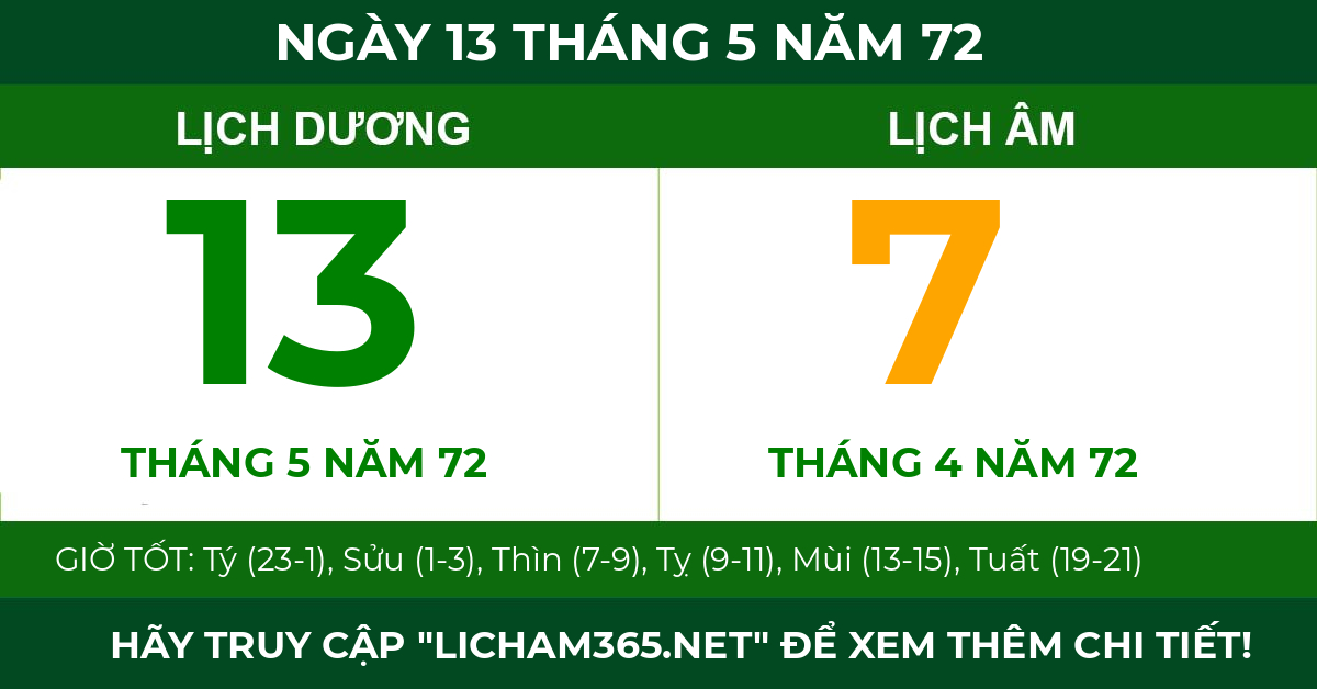 lịch âm ngày 13 tháng 5 năm 72