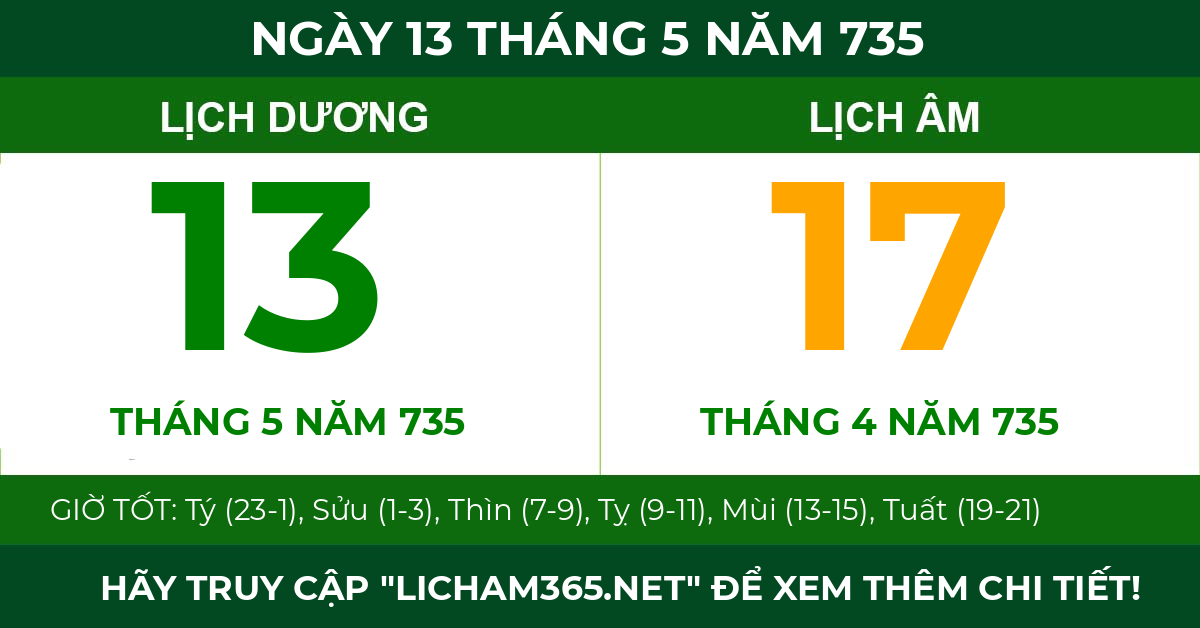 lịch âm ngày 13 tháng 5 năm 735