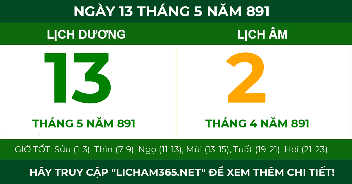 lịch âm ngày 13 tháng 5 năm 891