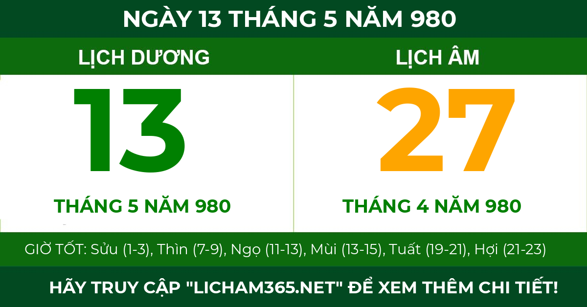 lịch âm ngày 13 tháng 5 năm 980
