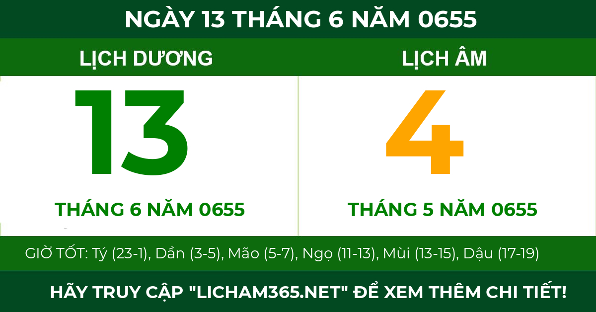 lịch âm ngày 13 tháng 6 năm 0655