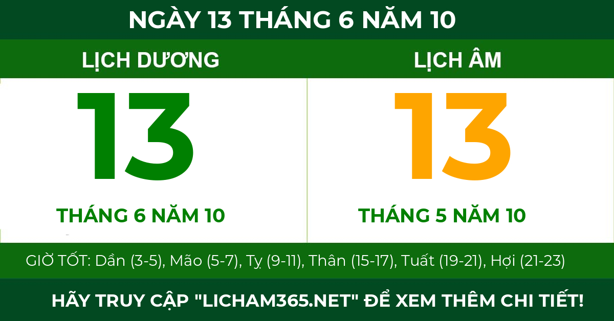 lịch âm ngày 13 tháng 6 năm 10