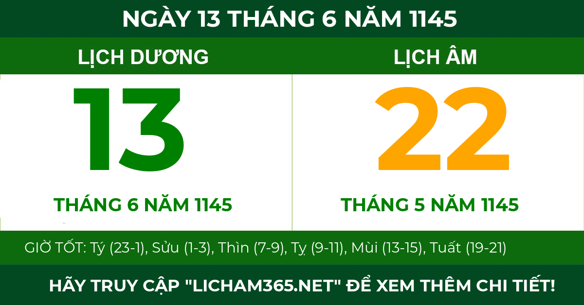 lịch âm ngày 13 tháng 6 năm 1145