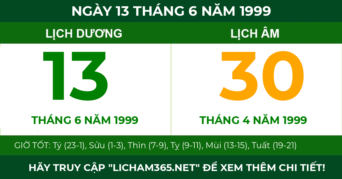 lịch âm ngày 13 tháng 6 năm 1999