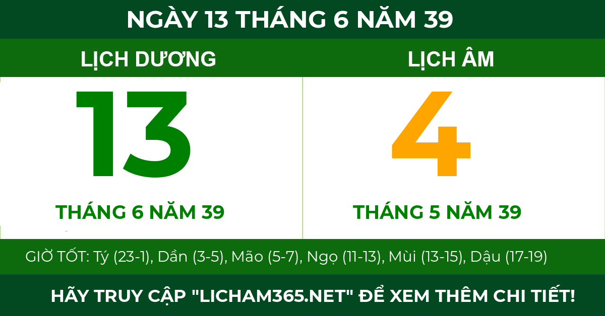lịch âm ngày 13 tháng 6 năm 39
