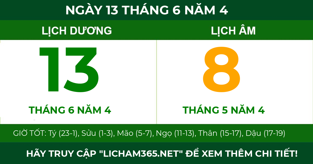 lịch âm ngày 13 tháng 6 năm 4