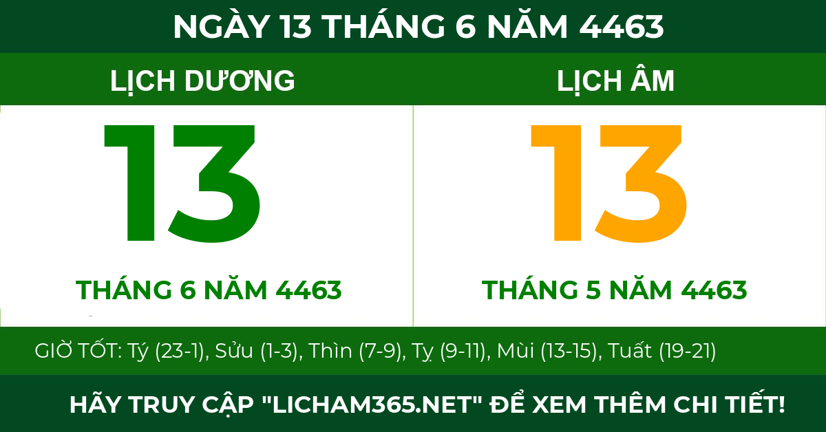 lịch âm ngày 13 tháng 6 năm 4463