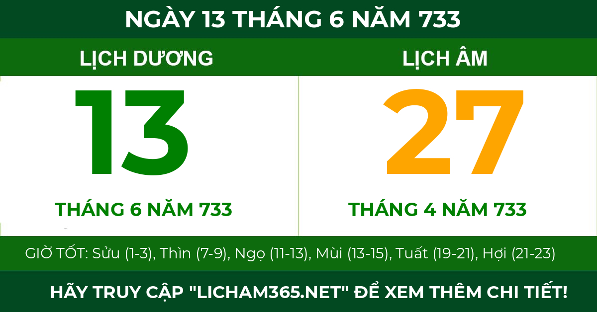 lịch âm ngày 13 tháng 6 năm 733
