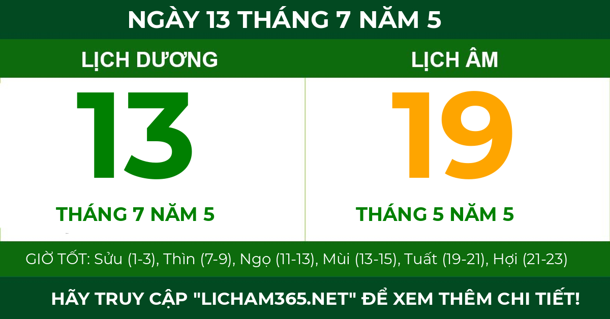 lịch âm ngày 13 tháng 7 năm 5