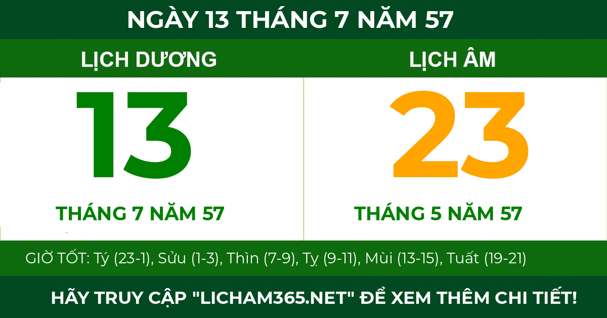 lịch âm ngày 13 tháng 7 năm 57