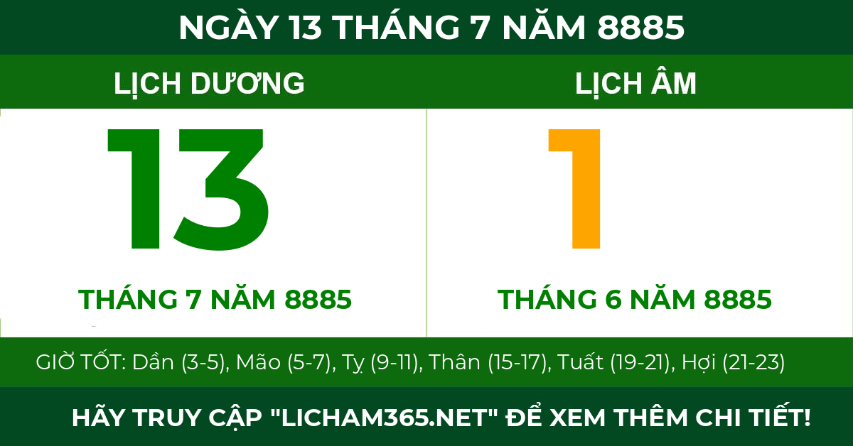 lịch âm ngày 13 tháng 7 năm 8885