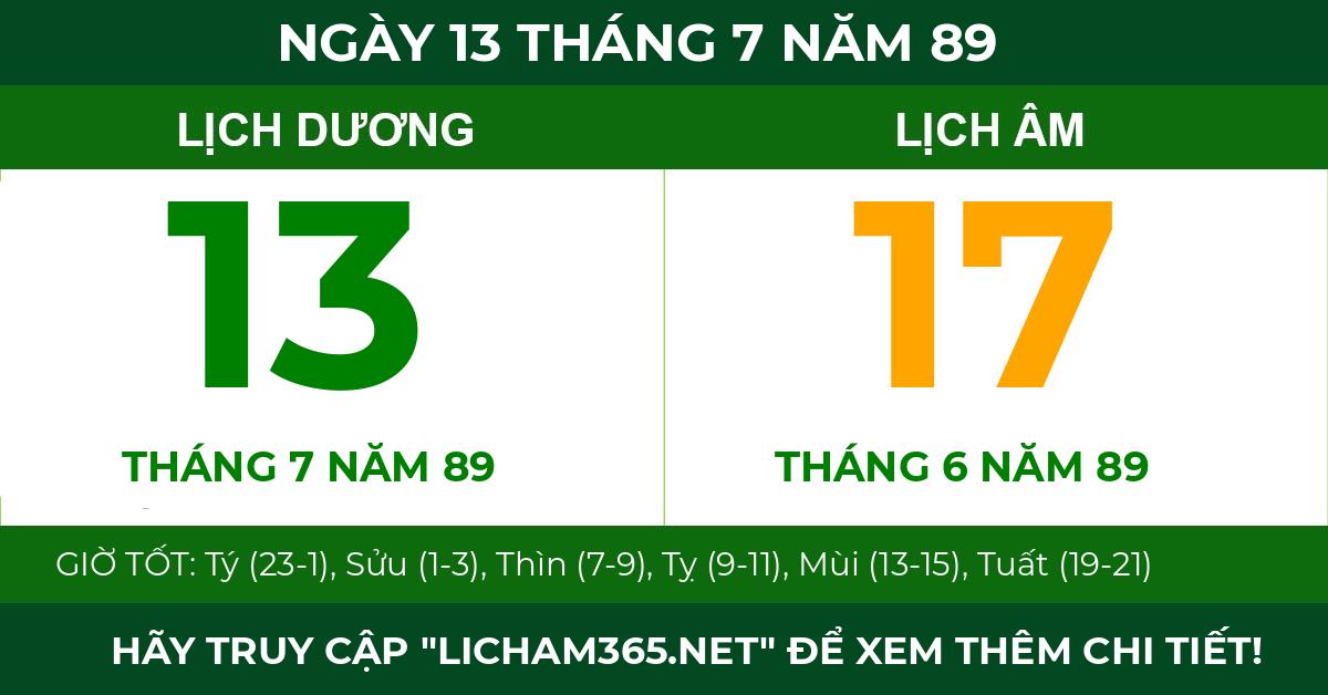 lịch âm ngày 13 tháng 7 năm 89