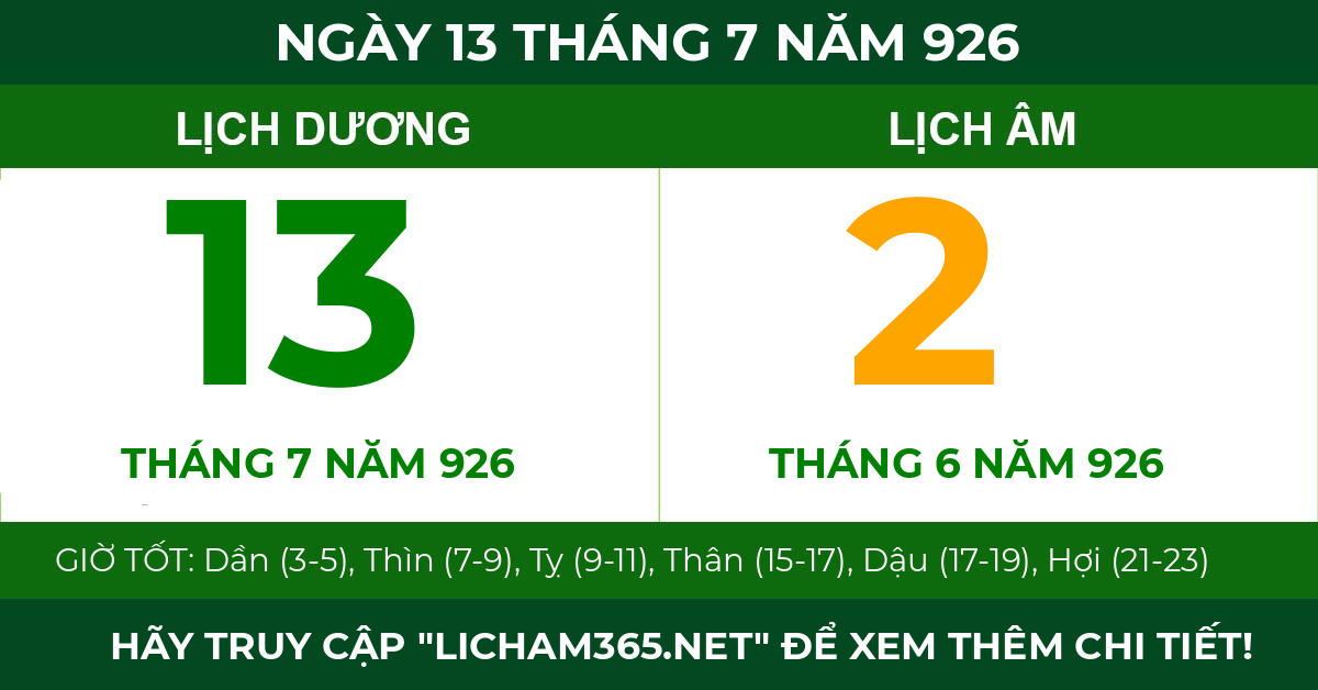 lịch âm ngày 13 tháng 7 năm 926