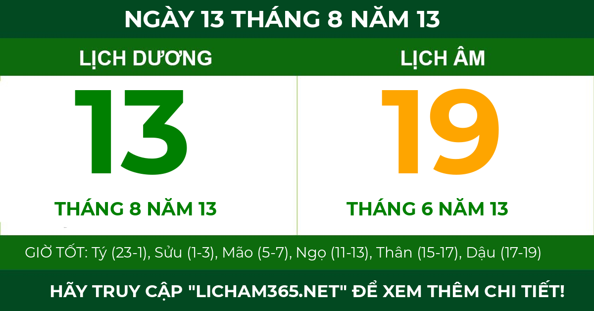 lịch âm ngày 13 tháng 8 năm 13