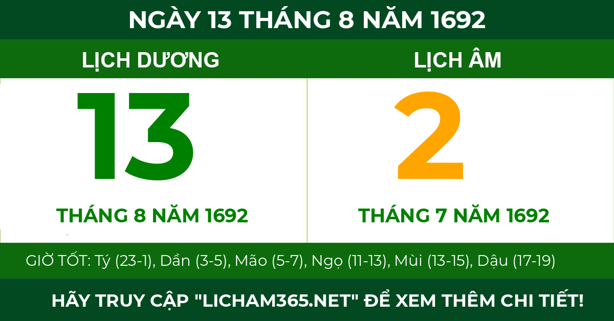 lịch âm ngày 13 tháng 8 năm 1692
