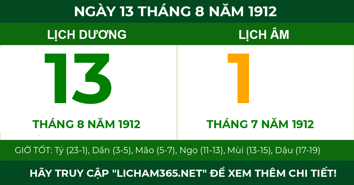 lịch âm ngày 13 tháng 8 năm 1912