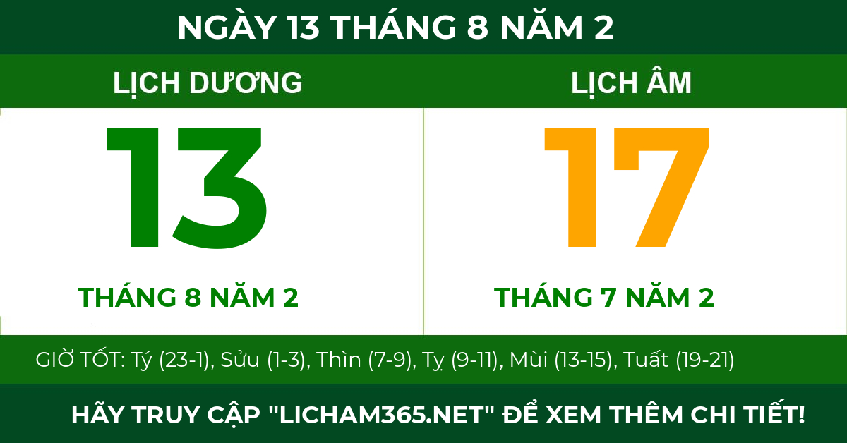 lịch âm ngày 13 tháng 8 năm 2