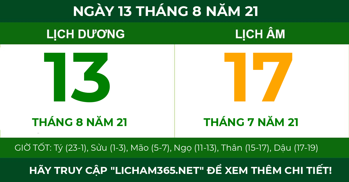 lịch âm ngày 13 tháng 8 năm 21