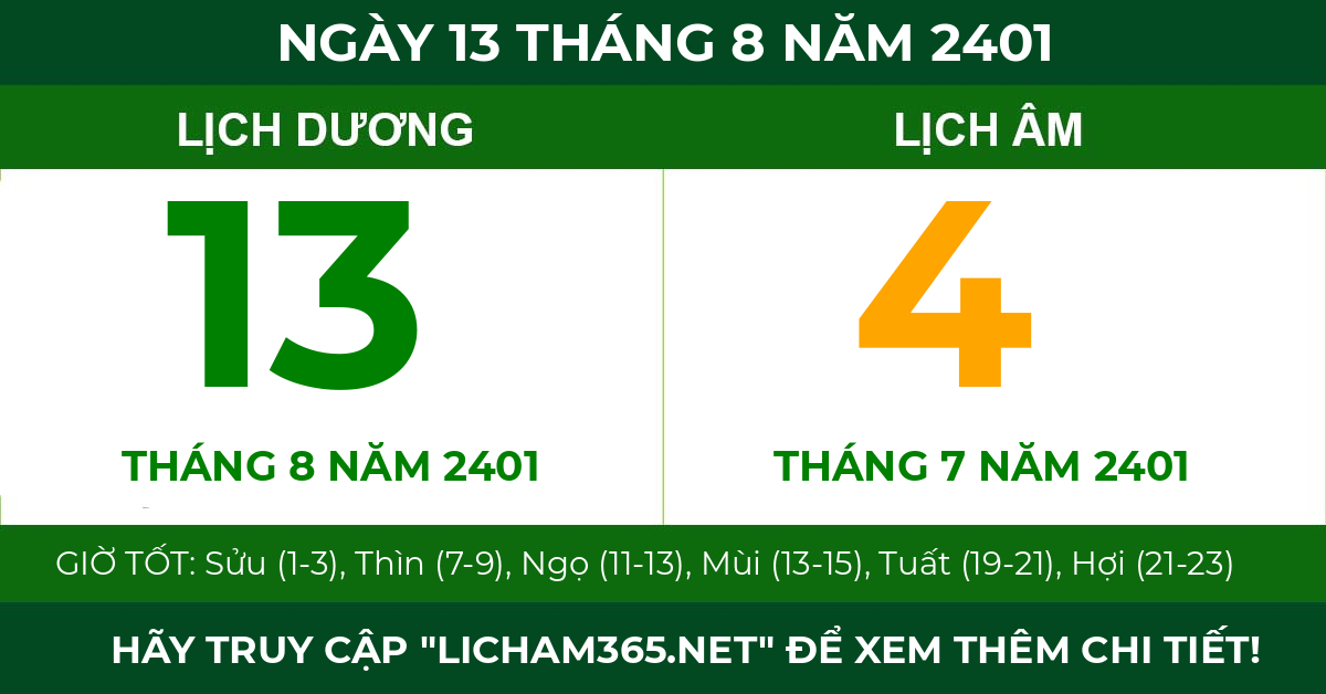 lịch âm ngày 13 tháng 8 năm 2401