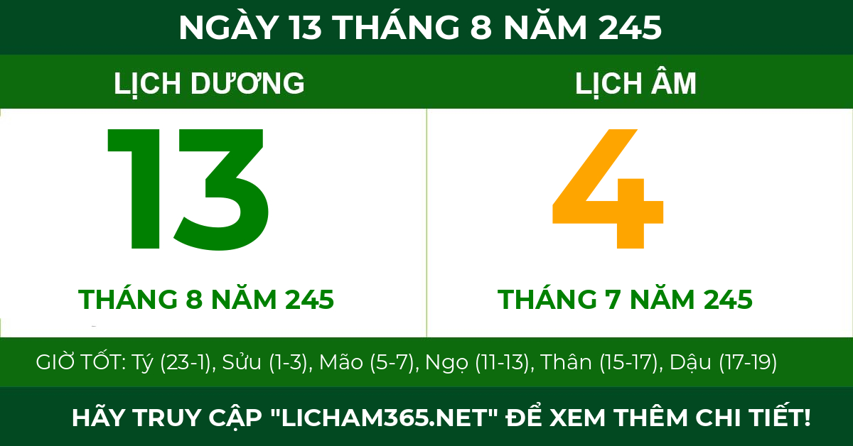 lịch âm ngày 13 tháng 8 năm 245
