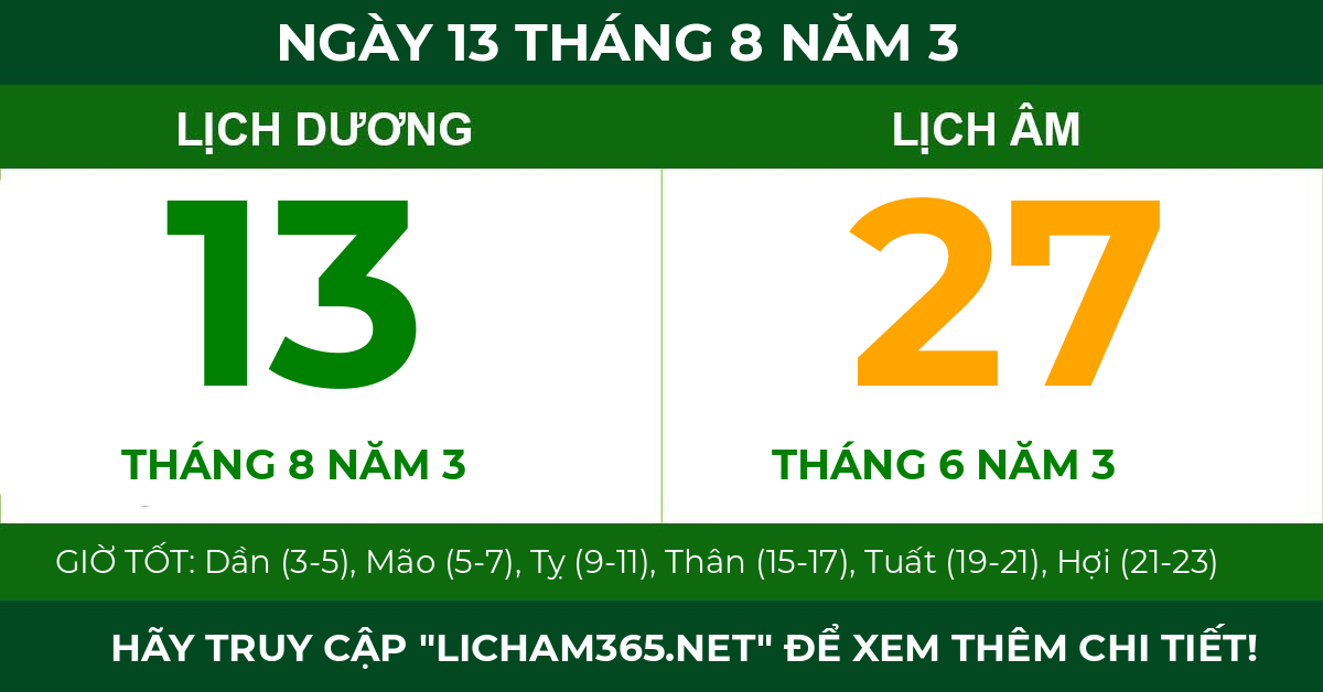 lịch âm ngày 13 tháng 8 năm 3