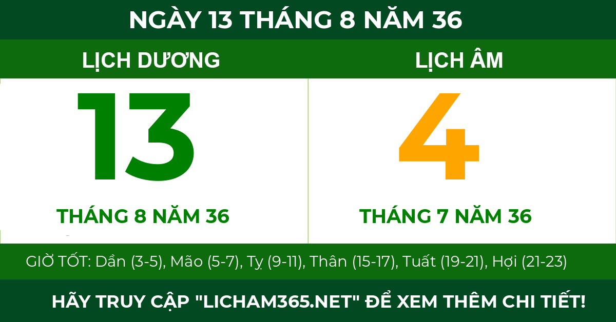 lịch âm ngày 13 tháng 8 năm 36