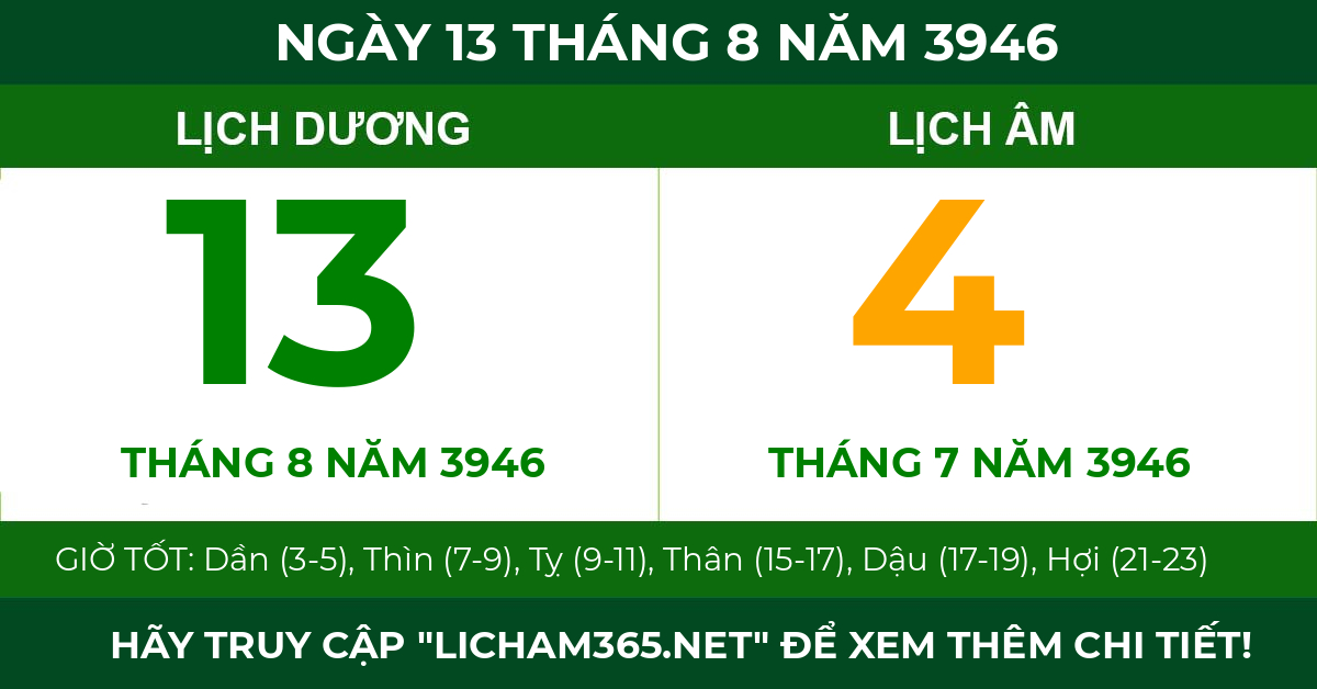 lịch âm ngày 13 tháng 8 năm 3946