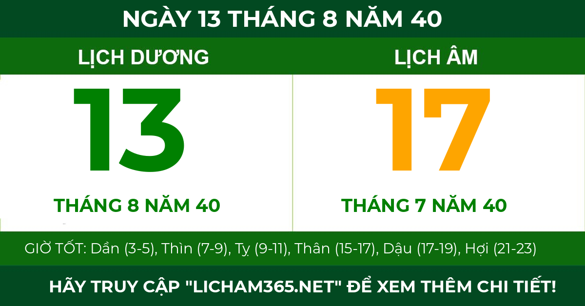 lịch âm ngày 13 tháng 8 năm 40