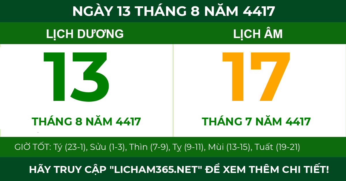lịch âm ngày 13 tháng 8 năm 4417