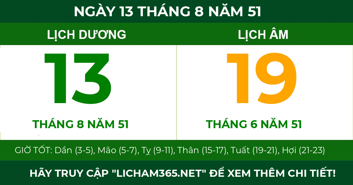 lịch âm ngày 13 tháng 8 năm 51