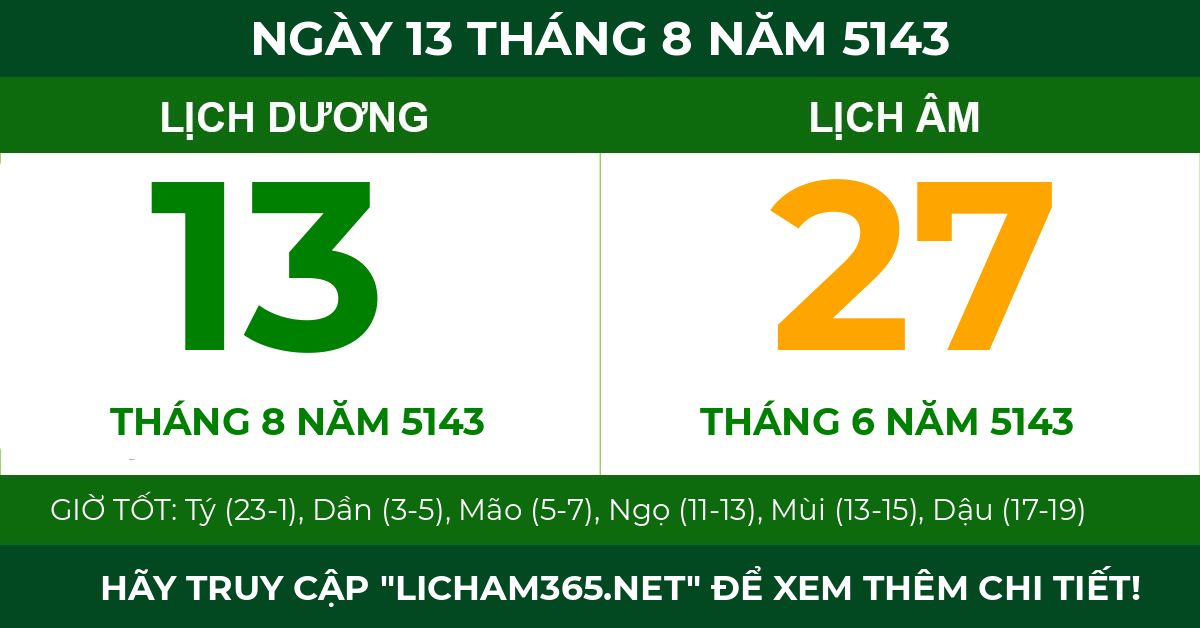 lịch âm ngày 13 tháng 8 năm 5143