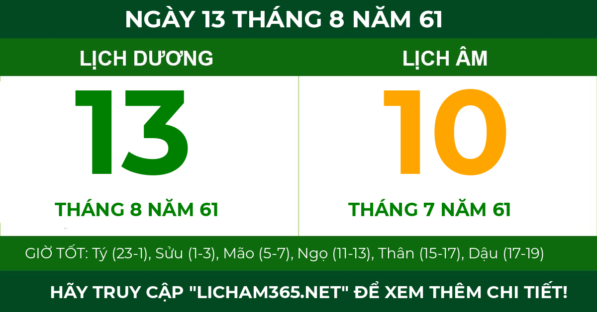 lịch âm ngày 13 tháng 8 năm 61