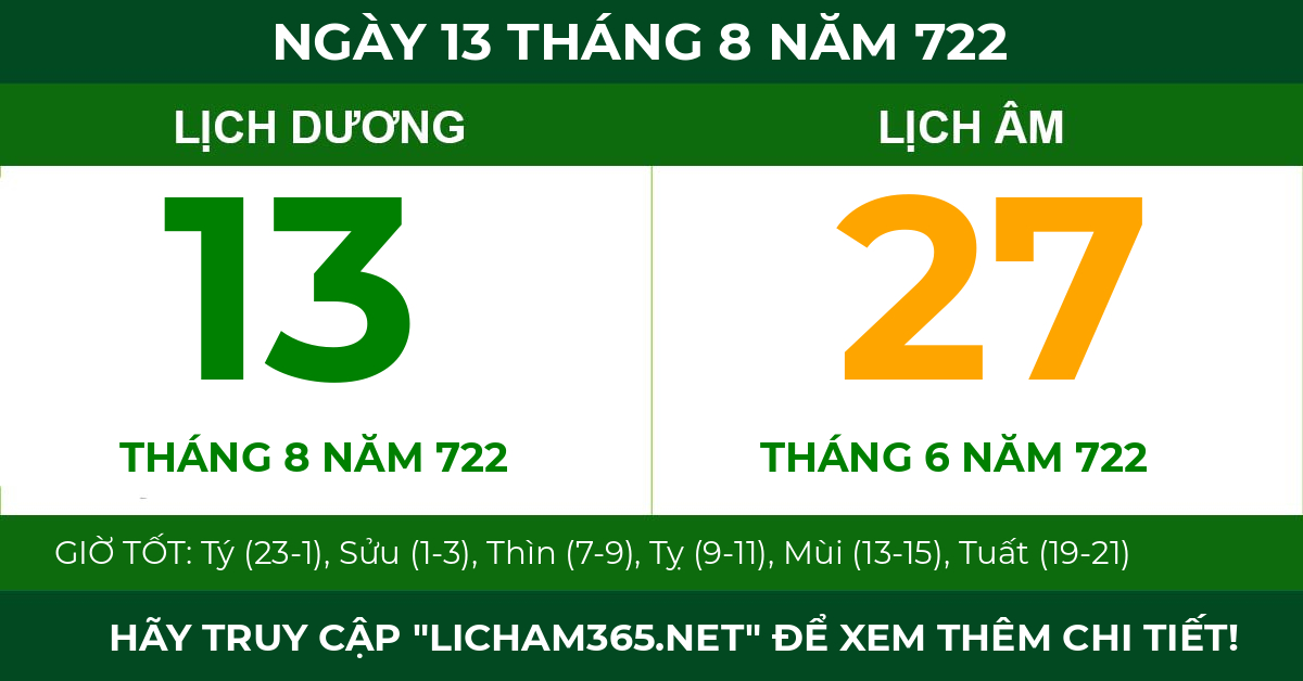 lịch âm ngày 13 tháng 8 năm 722