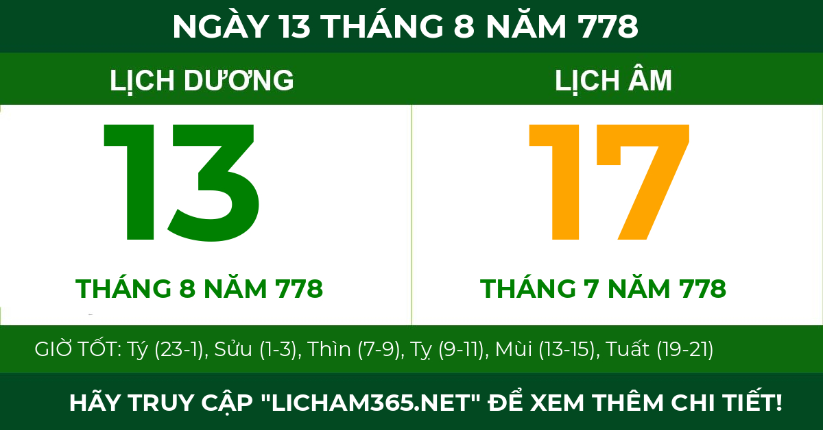 lịch âm ngày 13 tháng 8 năm 778