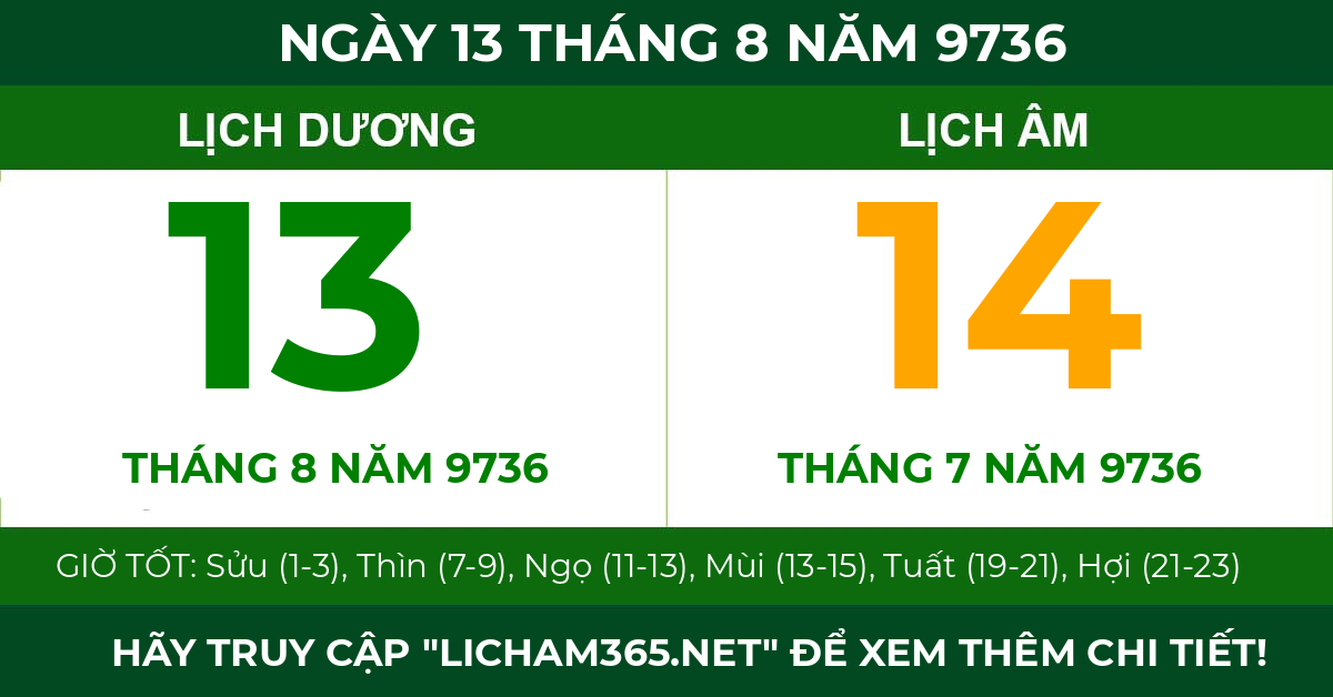 lịch âm ngày 13 tháng 8 năm 9736