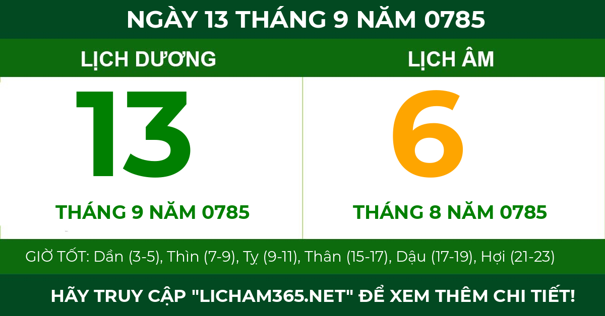 lịch âm ngày 13 tháng 9 năm 0785