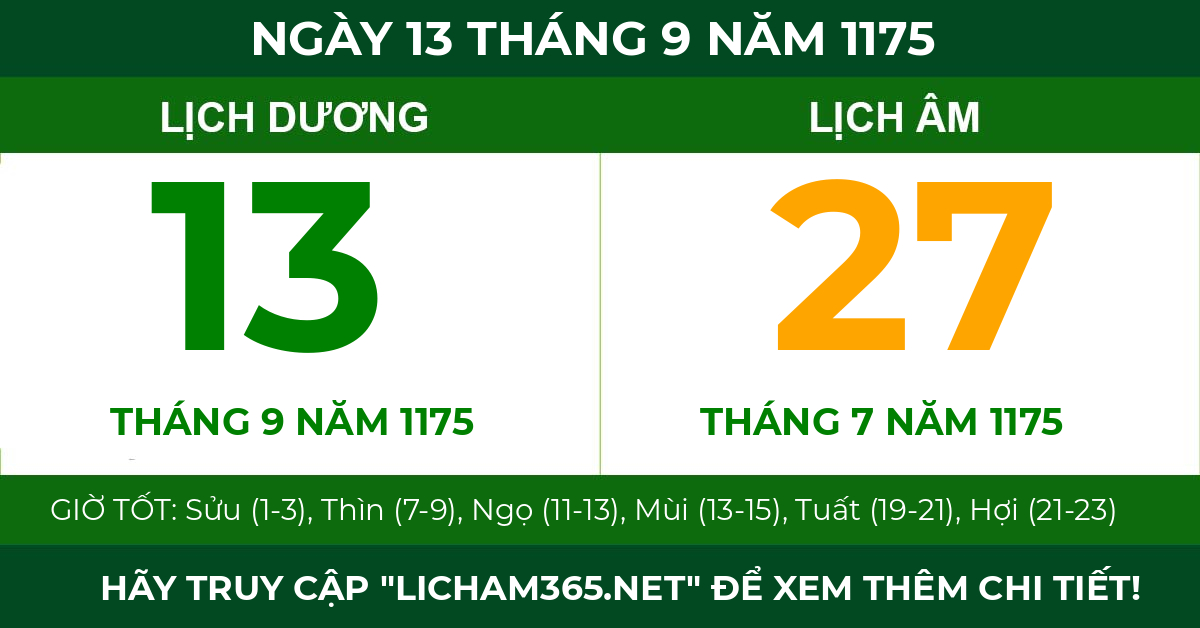lịch âm ngày 13 tháng 9 năm 1175